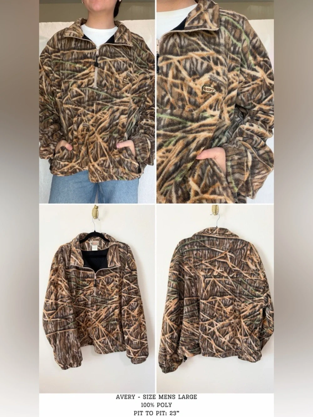 Avery Vintage fleece camo 1/4 quarter zip pullover with pockets size men’s large